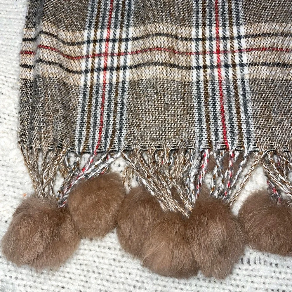 Cashmere Scarf  Fur Pom Poms Brown Plaid Women's - S Brand